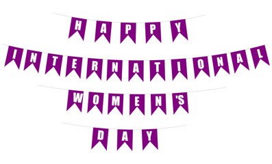 Purple pennant banner spelling Happy International Women&rsquo;s Day for global celebration of women&rsquo;s achievements