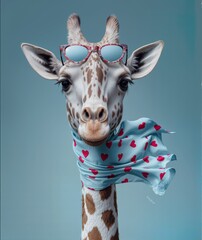 Stylish giraffe wearing heart sunglasses and a blue scarf with red hearts, playful Valentine fashion animal portrait on pastel background, cute romantic humor concept.