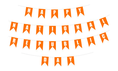 Orange pennant banner spelling Happy National Republic Day for global celebration on January 26 with festive flags and patriotic decor
