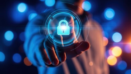 Finger touching glowing digital padlock icon with blue bokeh background.