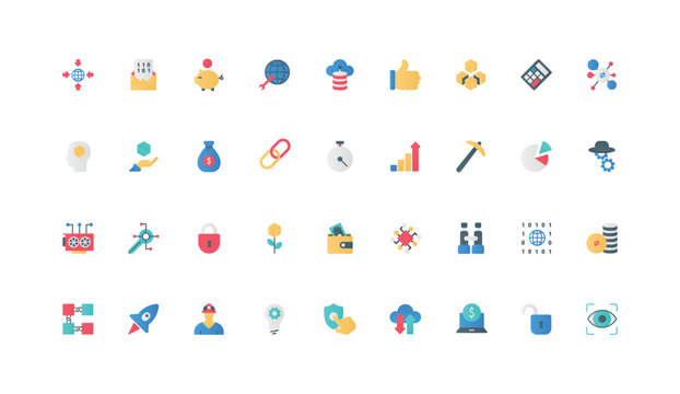Decentralized digital technology, blockchain and cryptocurrency, data mining color icon set. Network, node and cube models, finance transaction and cryptography flat elements vector illustration