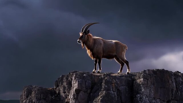 Majestic sable antelope on a mountain cliff during a dramatic thunderstorm with lightning. A powerful wildlife scene symbolizing strength, leadership, and overcoming adversity