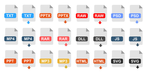 Color-coded file icons for global download formats including text, media, code, and design files for digital organization and education