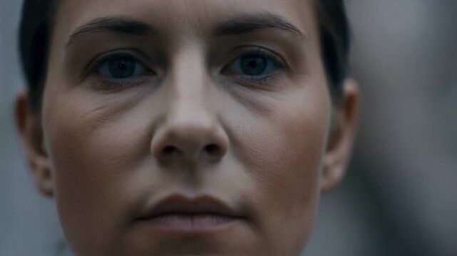Cinematic triptych portrait of a serious middle aged caucasian woman looking directly at the camera. Extreme close up showing natural skin texture and signs of aging gracefully