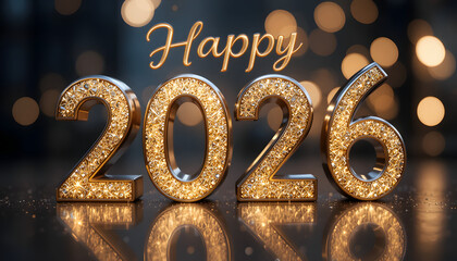 Happy New Year 2026 with glittering gold numbers and lights