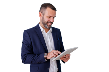 Professional businessman smiling and interacting with digital tablet, using modern technology for communication on transparent background