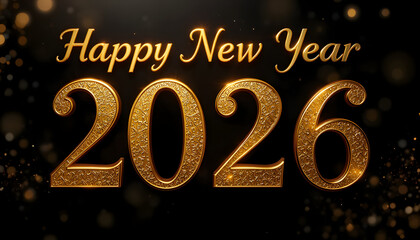 Happy New Year 2026 gold text on black background with sparkles