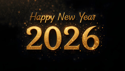 Happy New Year 2026 gold text with sparkles on black background