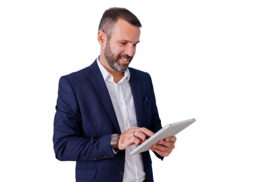 Professional businessman smiling and interacting with digital tablet, using modern technology for communication on transparent background - Powered by Adobe