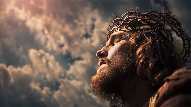 Jesus wearing crown of thorns looking toward heaven beneath dramatic cloudy sky with divine light shining down, symbolizing Easter, Good Friday, Ascension, Lent, faith, forgiveness, hope, peace
