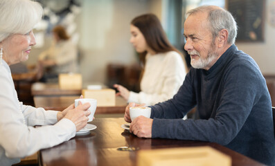 Mature couple communicate and chatting during date in cafe, have rendezvous, lovers tryst. Participants of meeting get to know each other, joke and communicate during meeting