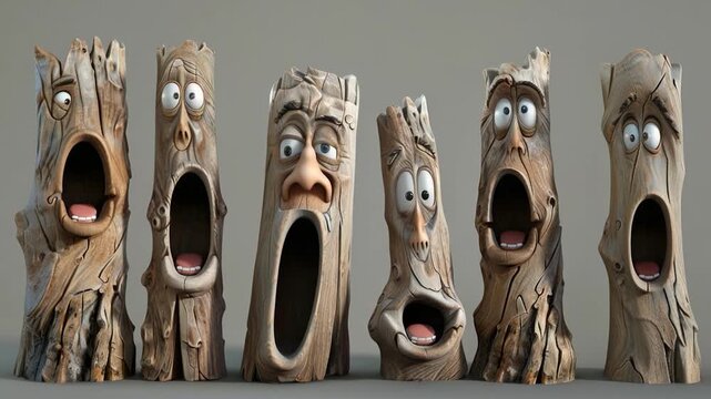 Video A collection of wooden sculptures with carved faces, perfect for decorative purposes or storytelling