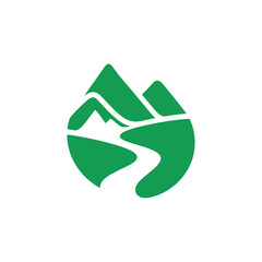Green mountain river water drop shape logo on transparent background