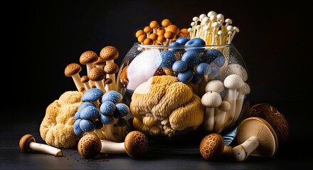 Artistic arrangement of colorful gourmet mushrooms in a glass bowl against a dark background, symbolizing organic food, biodiversity, and culinary creativity.