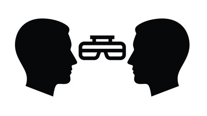 Two silhouetted human profiles facing each other with a vr headset between them