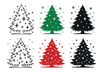 Obraz premium Set of stylized christmas trees with snowflakes and stars, illustration. concept of holiday, winter, festive decor, seasonal celebration, christmas art, design element