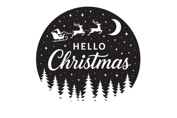 Black and white christmas scene with santa, reindeer, and text "hello christmas" in forest landscape. concept of holiday cheer, winter wonderland, festive design element.