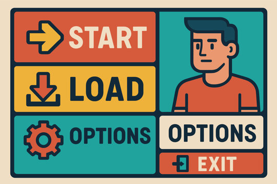 Retro video game menu with character and options interface