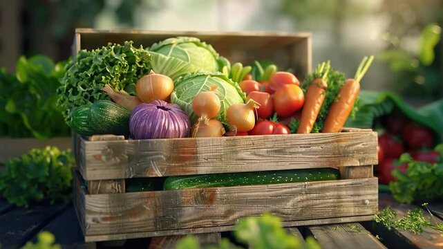 Video A wooden crate filled with various fresh vegetables