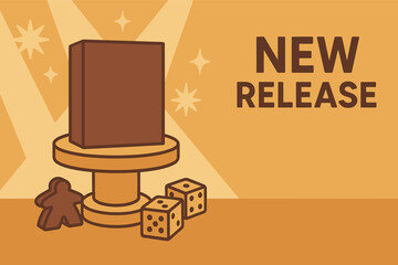 New board game release announcement with dice and meeple on pedestal