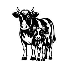 Cow and Calf Black Silhouette Illustration Representing Farm Animals, Motherhood Bond, Livestock Care and Rural Agriculture Design