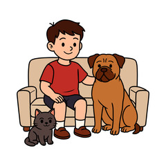 Cute Little Boy Sitting on Sofa with Dog and Cat Cartoon Illustration for Family Bond, Pet Love, Childhood Friendship and Cozy Home Design