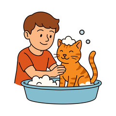 Cute Little Boy Washing Cat in Bathtub Cartoon Illustration for Pet Care, Hygiene, Childhood Kindness and Family Friendly Design