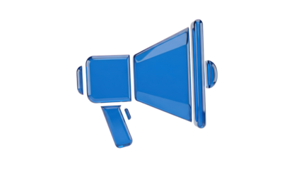 Blue Glass 3D Public Relations Megaphone Icon, isolated on white