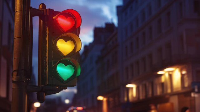 A closeup of a traffic light featuring glowing heart-shaped red, yellow, and green signals stands on a dark city street at twilight, with blurred urban buildings and warm lights in the background.
