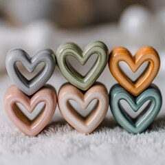 Stacked heart shaped decorative objects arranged on soft surface background
