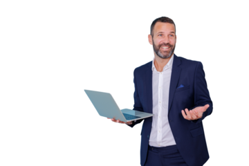 Professional businessman holding laptop, giving presentation, explaining, gesturing, corporate communication, transparent background