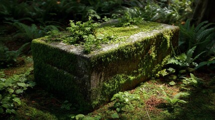 Old stone block completely covered in vibrant green moss and small plants within a lush forest setting