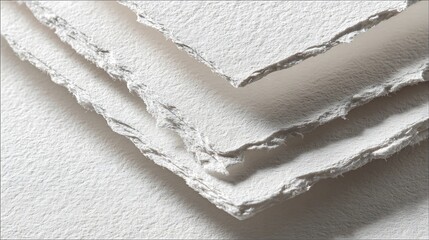 Stack of textured white handmade paper sheets showing deckled rough edges and fibrous surface detail