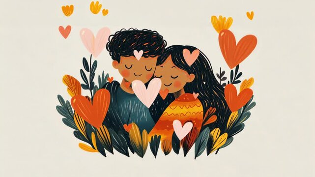 A happy young couple with closed eyes embraces gently, surrounded by vibrant leaves and flowers, while animated hearts float around them on a light background.