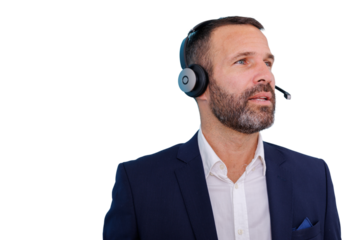 Man wearing headset with microphone, providing customer support or telemarketing assistance, transparent background