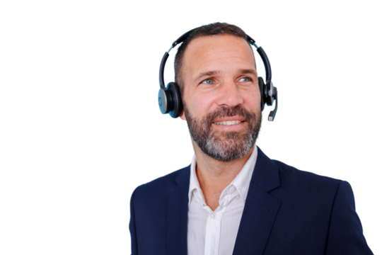 Man with headset smiling, providing customer service, support, and professional assistance, transparent background - Powered by Adobe