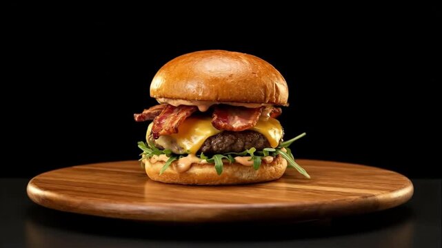 Delicious gourmet bacon cheeseburger spinning on wooden board with cinematic lighting