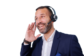 Customer service operator with headset cupping ear listening attentively for clear communication, transparent background