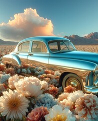 Surreal vintage chrome car parked in a blooming flower field at sunset, dreamy mountains and clouds in background, romantic fantasy landscape scene
