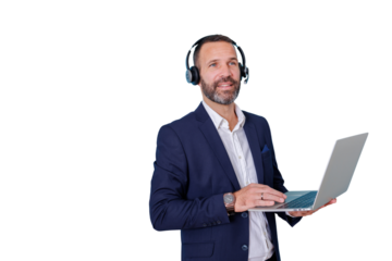 Professional businessman wearing headphones and using laptop, communicating online with transparent background