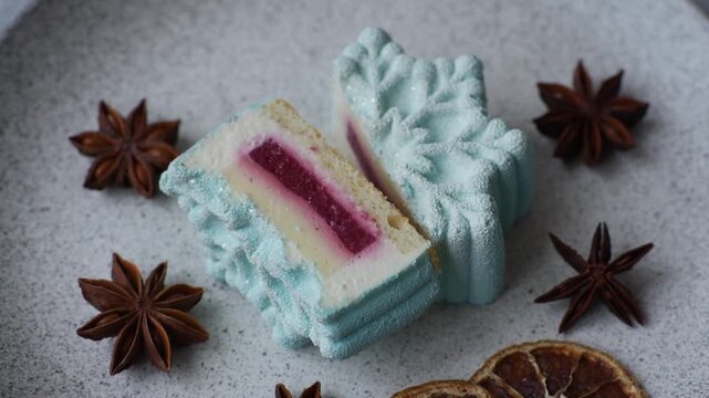 Christmas mochi, mooncake, or cheesecake shaped like a snowflake. Christmas mochi or cheesecake