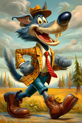 A charming wolf character in a stylish outfit.