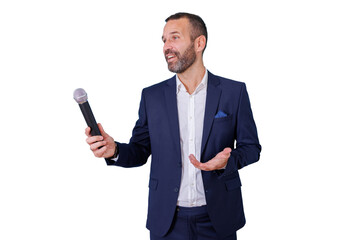 Man speaker holding microphone and gesturing, giving a presentation or interview, transparent...