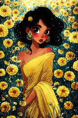 Enchanting Woman in Yellow Surrounded by Flowers