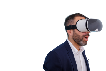 Businessman experiencing virtual reality, amazed and opening mouth, exploring metaverse on transparent background