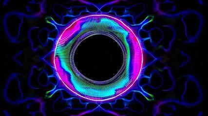 Vibrant abstract audio spectrum ring pulsating and responding to sound waves, producing a mesmerizing visual display on a dark backdrop for a cutting edge music experience