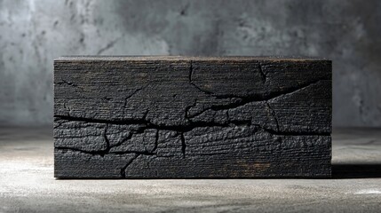 Black charred wood block rests on a rough concrete surface against a textured gray wall