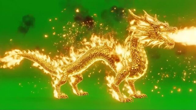 Golden Dragon Breathing Fire on Green Screen Background.