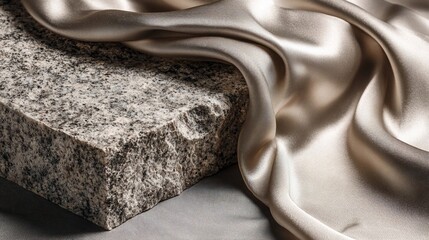 Rough textured grey granite stone block sits beside smooth flowing beige satin silk fabric