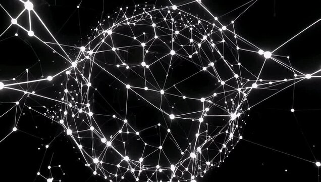 Seamless looping 4K abstract animation featuring dynamic white dots and connecting lines forming digital network structure on black background representing data flow connectivity and modern